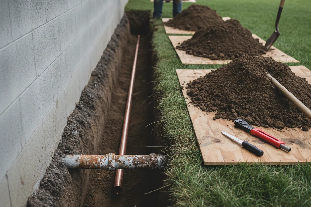 Excavated water line trench during Water Heater Repair in Georgetown